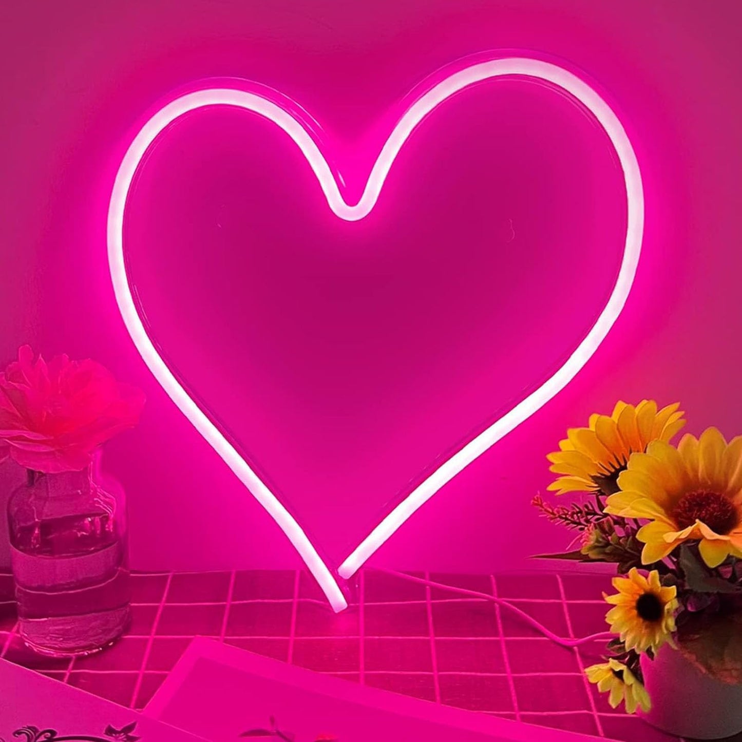 Pink Heart Neon Sign, Neon Heart Light for Wall Decor, Love Hearts LED Light up Sign 13.4×13 Inch Dimmable USB Powered Romantic Light Sign for Bedroom Valentine's Kids Room Wedding Party Decoration