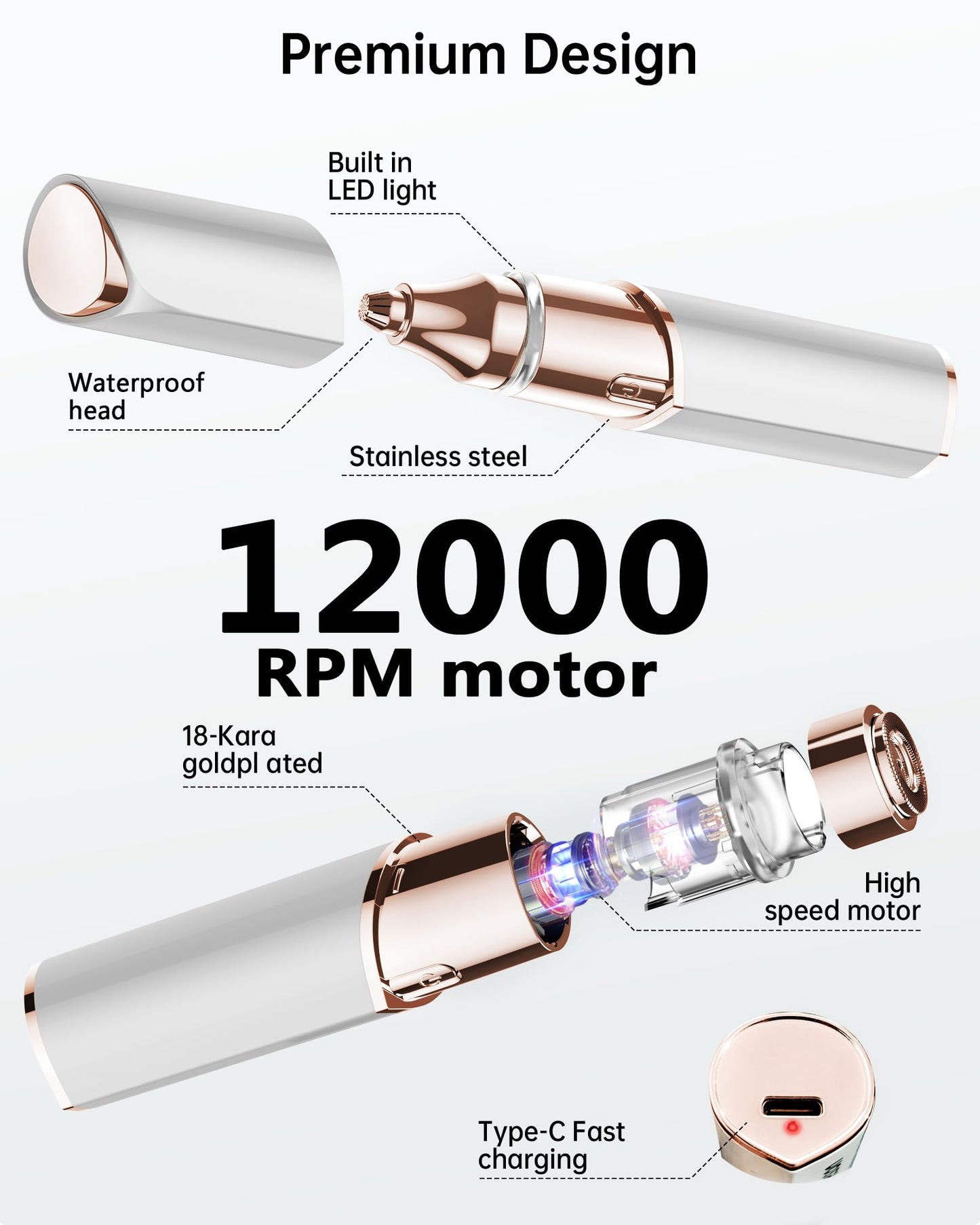 KEESON Facial Hair Removal for Women, 2-in-1 Electric Eyebrow Trimmer with LED Light, Rechargeable Hair Removal Device Face Shav