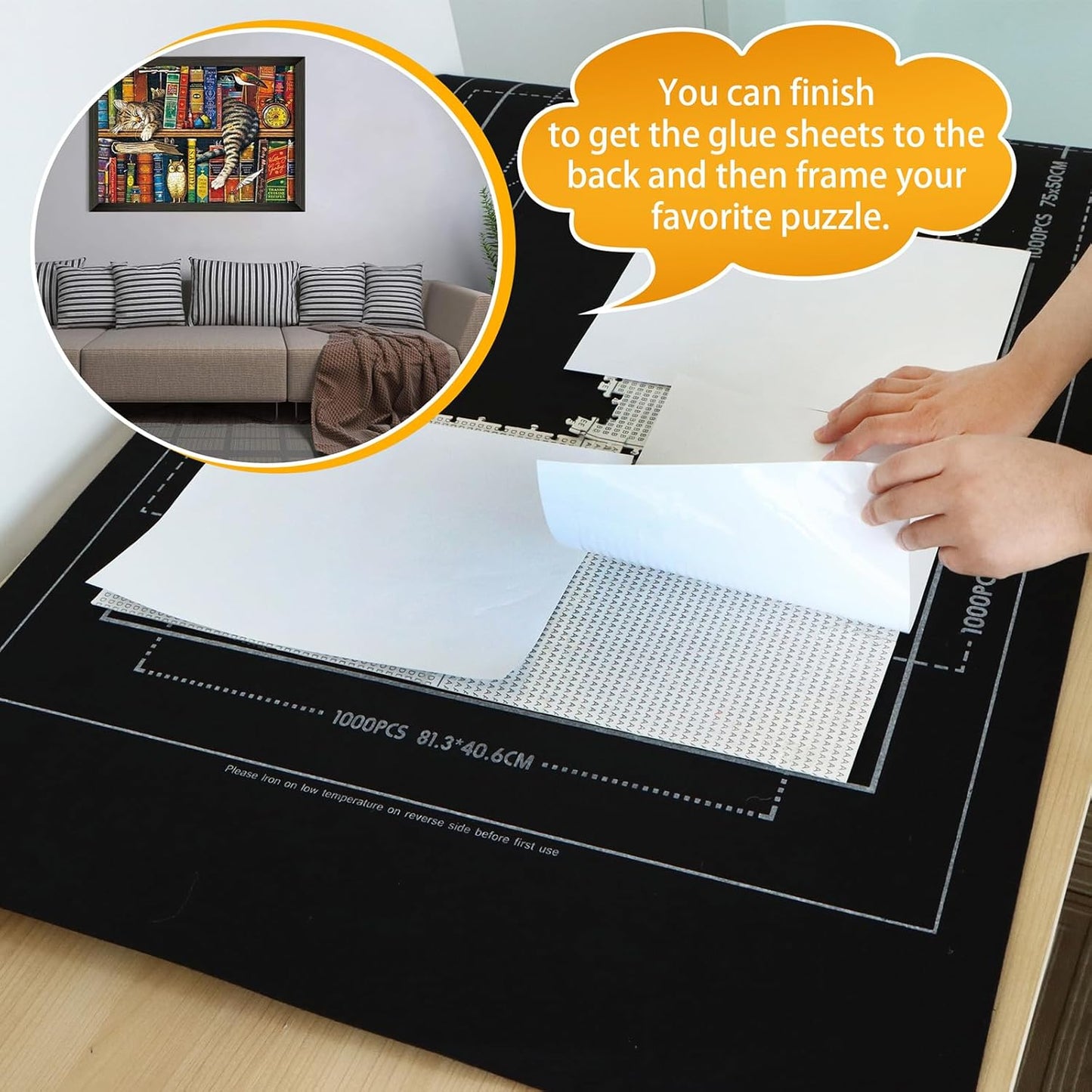 Portable Puzzle Mat Roll Up - with 9 Glue Sheets, Sorting Trays, Hand Pump, Inflatable Tube, and Storage Bag - Perfect for Kids and Adults (Black, 1500pcs)