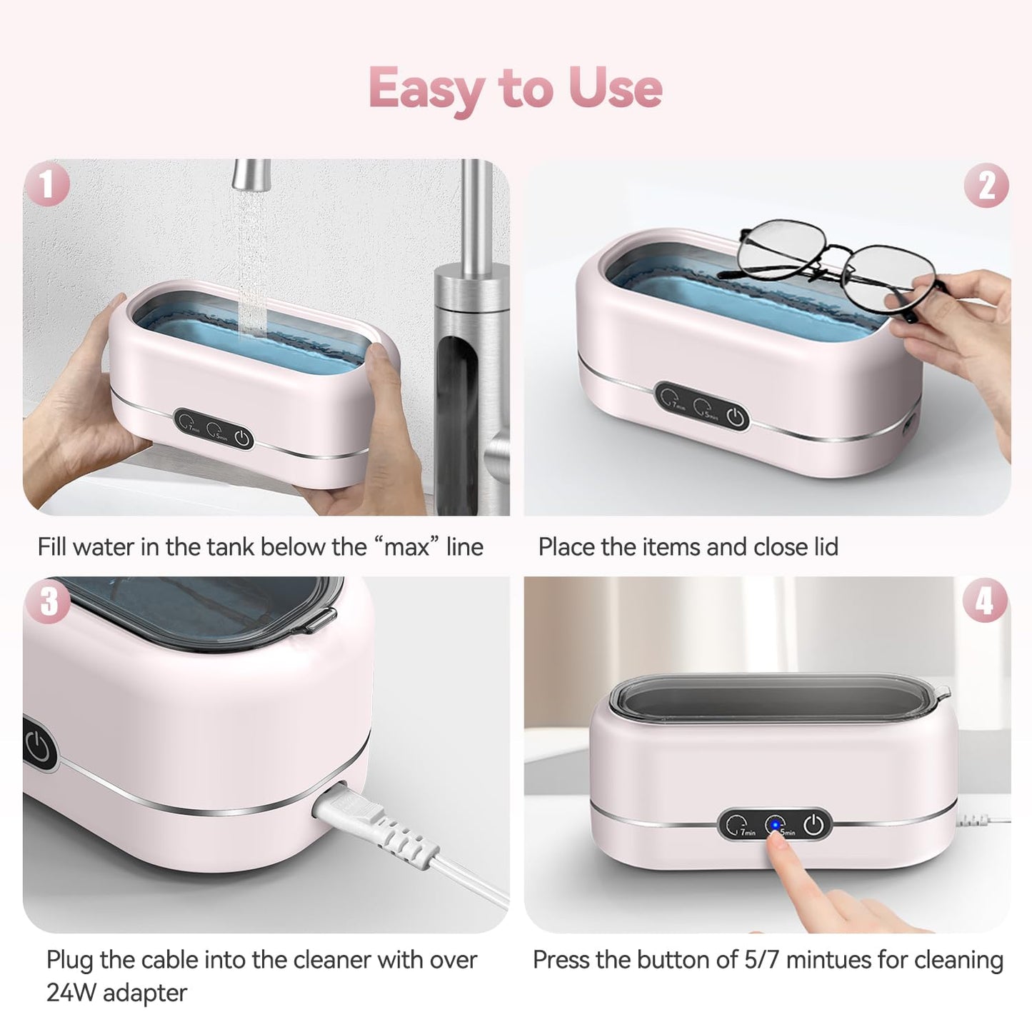 BYASKZIV Jewelry Cleaner Ultrasonic Machine, Upgraded 48KHz Ultrasonic Cleaner with 304 Stainless Steel for Jewelry, Eyeglasses, Rings, Watch Strap, Dentures-Pink