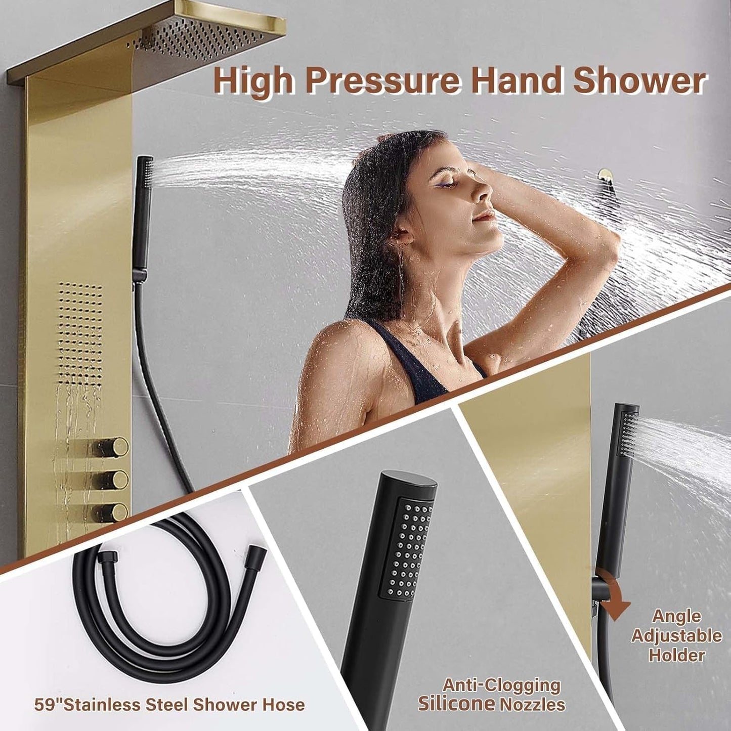 Greenspring Shower Tower Bathroom Shower Panel System with Rainfall Shower Head Hand Shower and Large Area Body Spray, Stainless Steel Multi-Function Shower Fixtures, Brushed Gold