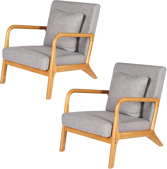 ELUCHANG Mid-Century Modern Accent Chair with Lumbar Pillow,Upholstered Armchair,Linen Fabric Comfy Reading Chair, Lounge Side Chair for Living Room Bedroom Apartment,Easy Assembly(Grey,2pcs)