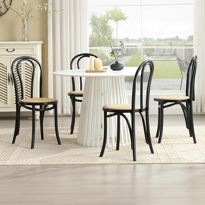 DM Furniture Solid Wood Dining Chairs Set of 2 Mid-Century Modern Rattan Kitchen Room Chairs with Backrest Bentwood Side/Desk Chairs for Dining/Living Room,Home, Black Wood
