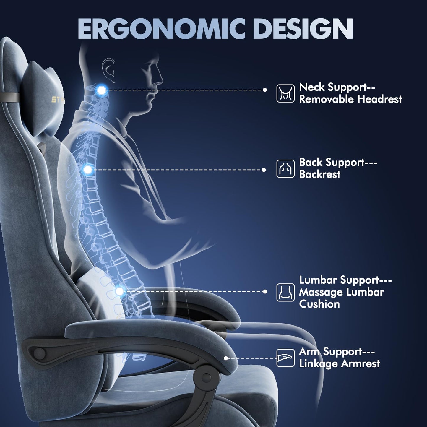 Soontrans Velvet Fabric Gaming Chair with Footrest, Comfortable Video Gamer Chair for Adult, Ergonomic Office Desk Game Computer Chairs with Massage Lumbar Cushion,Headrest