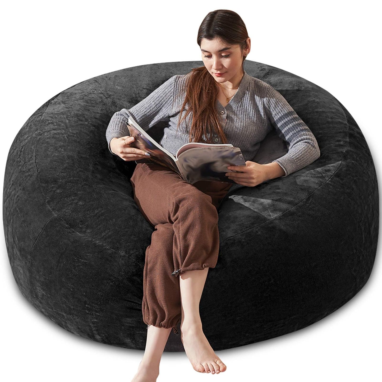 Bean Bag Chair 5Ft, Memory Foam Filled, Large Beanbag Chairs for Adults and Teens, Soft Sofa with Removable Flannel Cover, Round Couch for Living Room Bedroom College Dorm (Black, 5FT-60×60"×24")
