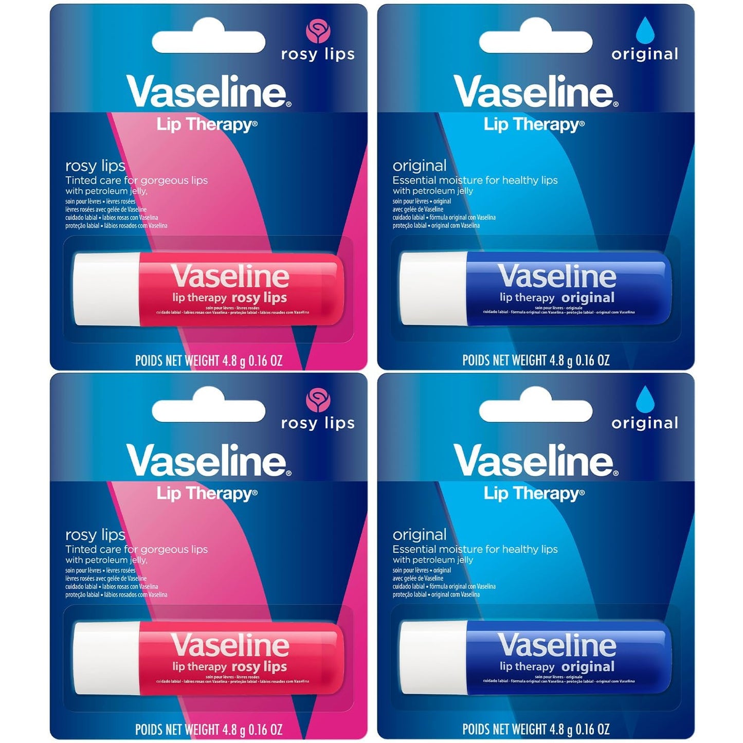 Vaseline Lip Therapy Variety 4-Pack - Original + Rosy Lips Moisturizing Lip Balm with Vitamin E, 0.16 Oz Ea