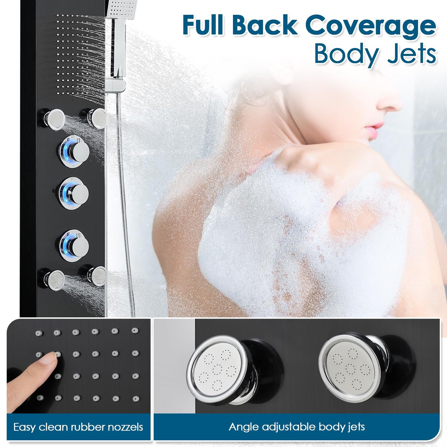 ROVOGO Led Shower Panel Tower System with Mist Rainfall Shower, Body Jets, Handheld and Tub Spout, Hydroelectric Led Lights and Temp Display No Battery Needed, Simultaneous Shower Column Black