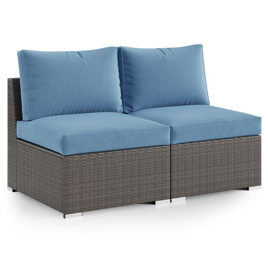 Wisteria Lane 2 Piece Patio Armless Sofa, Outdoor Wicker Sectional Furniture with Cushion, Additional Loveseats for Garden Backyard, Blue