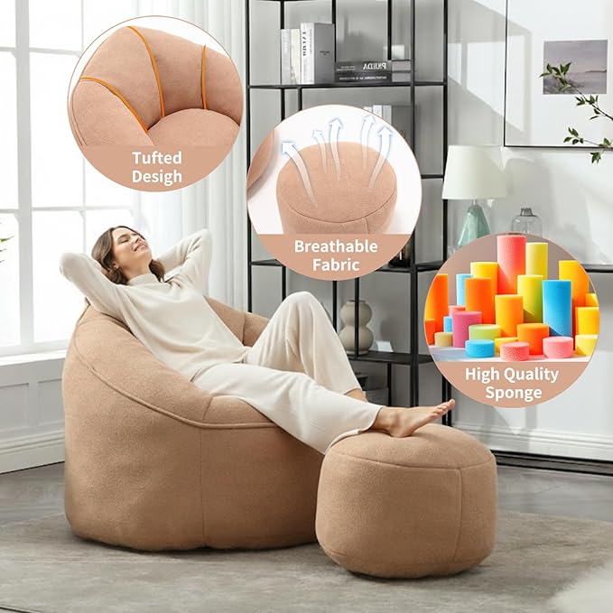 Bean Bag Chairs, Gaint Bean Bag Couch with Memory Foam for Adults and Kids, Microfiber Upholstered Sofa with Ottoman, Comfy Lazy Bean Bag Reading Chair for Living Room