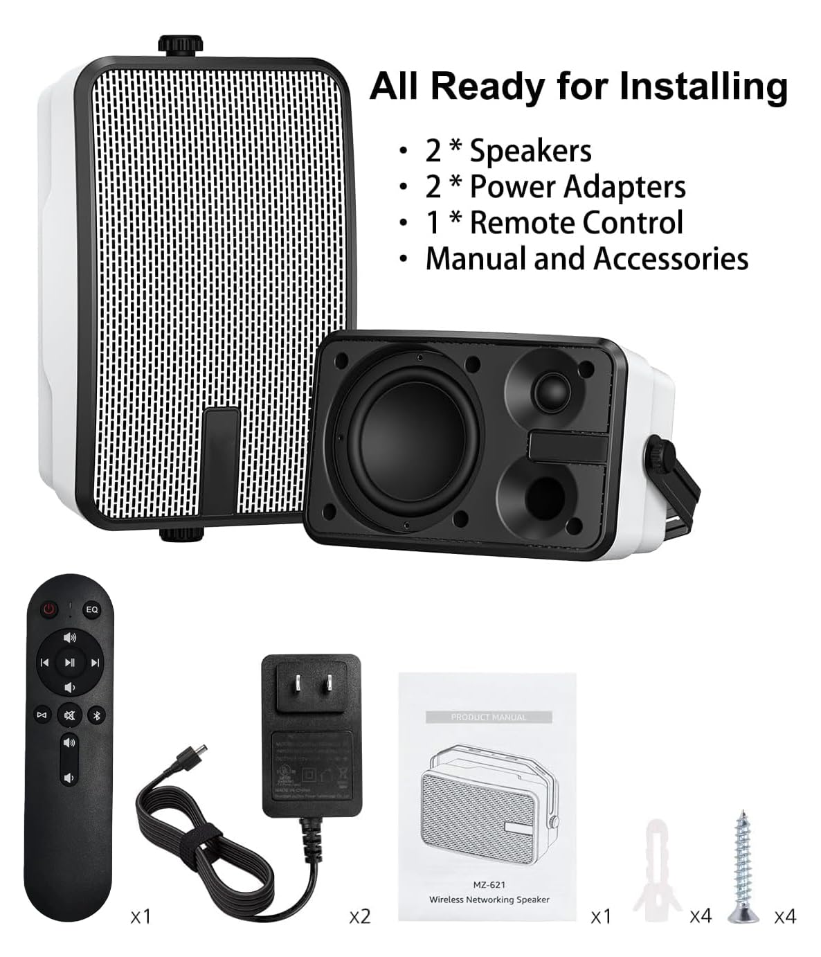 Plyee Audio 400W Outdoor Bluetooth Speakers, Wireless Sync Between Speakers, Powerful Bass, Wall Mount for Patio, Porch, Gazebo, Garage, 2-Pack, White(MZ-621)