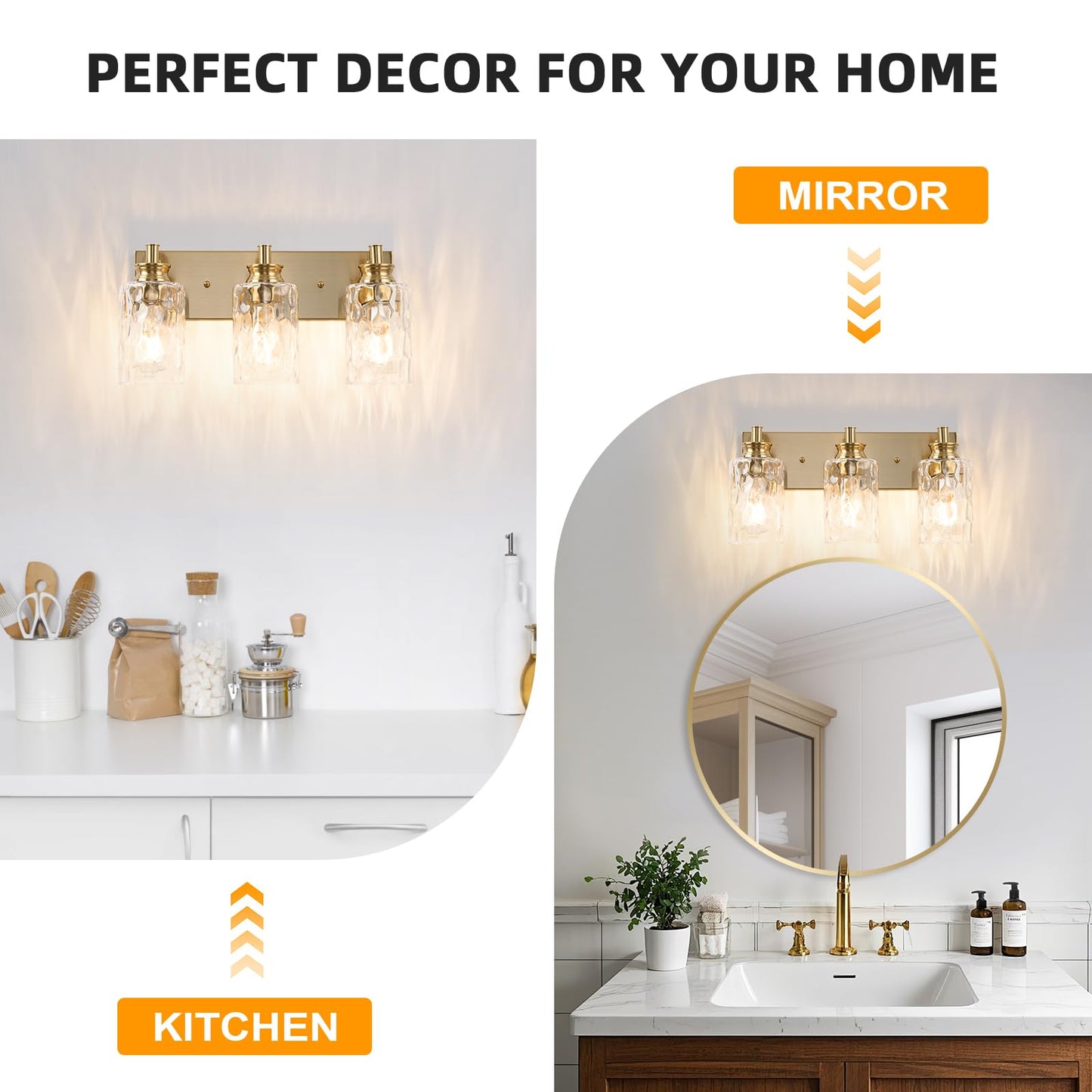 AMRUIPO 3 Light Bathroom Vanity Light Modern Brushed Gold Bathroom Light Fixtures Over Mirror with Hammered Glass Lampshade for Kitchen Hallway