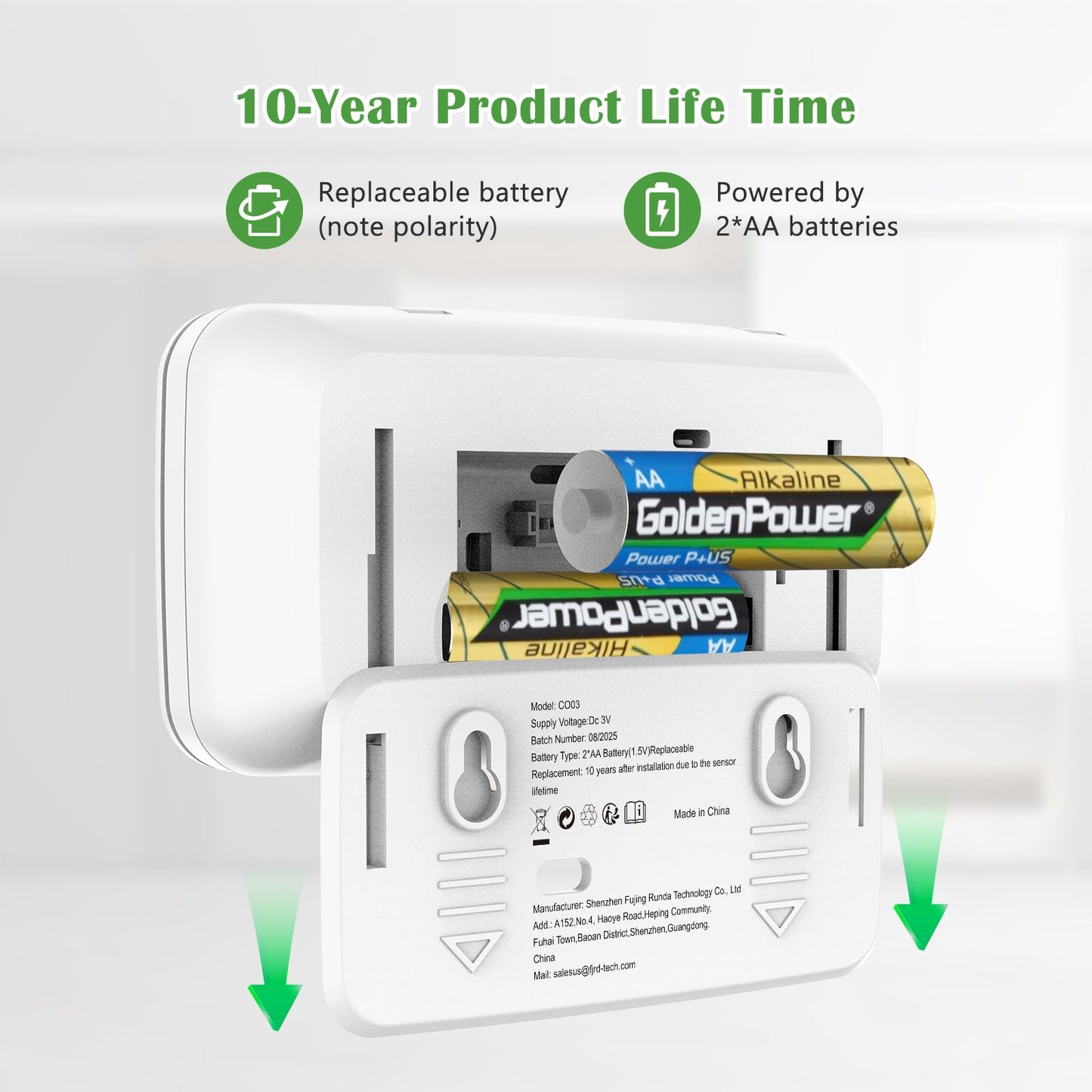 RUNIDUR Carbon Monoxide Detectors Replaceable AA Battery-Powered LCD Display Portable Carbon Monoxide Detector for Travel,RV.(1-Pack)