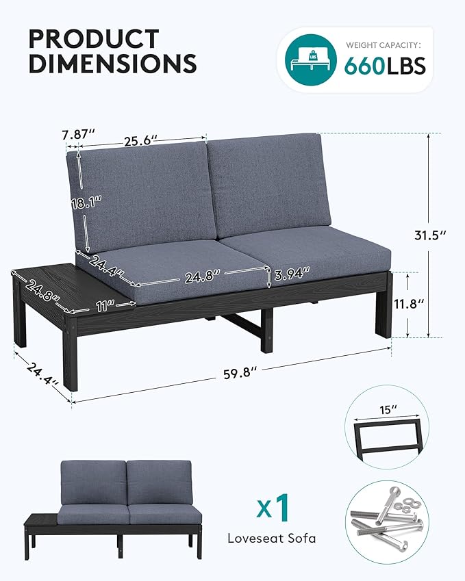 SERWALL HDPE Outdoor Loveseat Sofa, 2 Seats Patio Sofa, All-Weather Patio Conversation Sets with Adjustable Backrest Sofa for Backyard and Garden, Black Frame with Grey Cushion