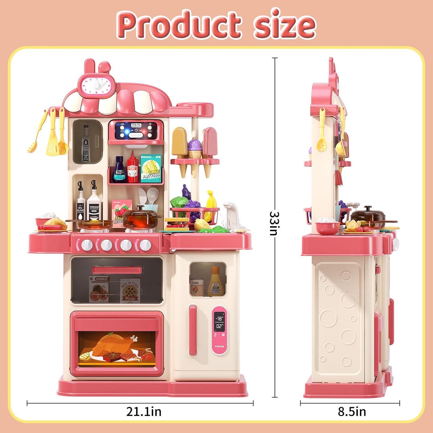 AIQI 47PCS Kids Kitchen Playset with Sound & Light, Cooking Stove with Steam, Play Sink and Toy Kitchen Accessories - Pretend Kitchen Play Food Toys for Boys and Girls, Toddler Kitchen Set (Red)