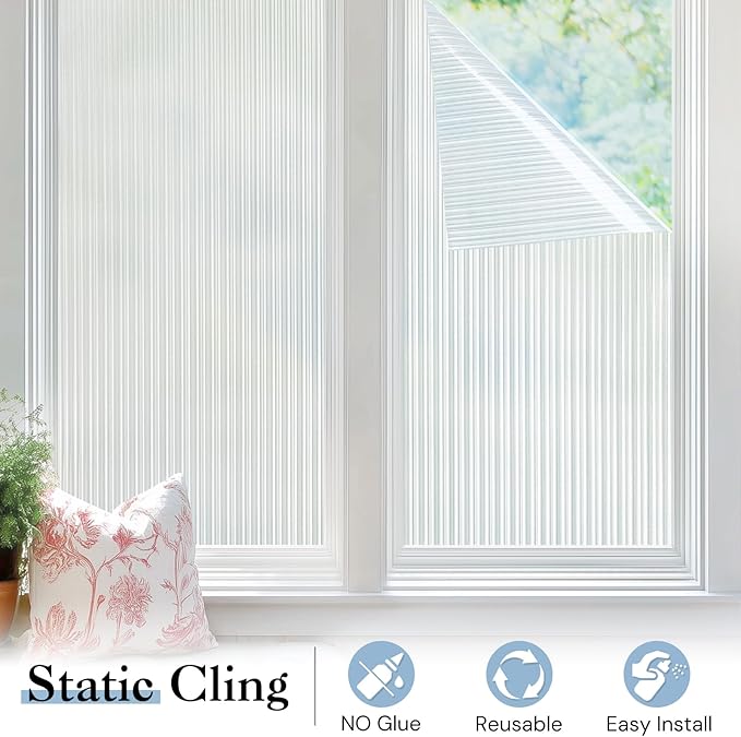Haton Reeded Glass Window Privacy Film, Frosted Glass Window Film, Static Cling UV Blocking Stickers, Decorative Removable Cover for Bathroom Door Office, Non Adhesive 35.4" x 157.4"
