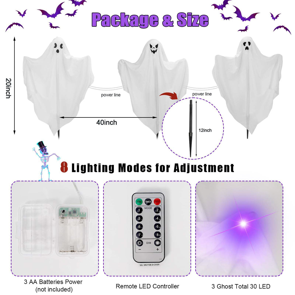 [8Light-Modes] Sets of 3 Halloween Ghost Light Stakes, Flying Ghost Halloween Decorations, LED Lighted Ghost Yard Stakes Outdoor Scary Hanging Ornament for Lawn, Yard, Patio, Haunted House