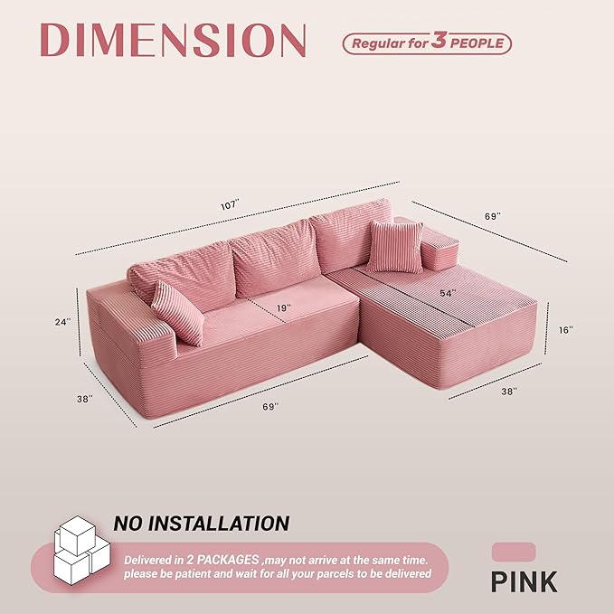 Afuson 107" Boneless Couch with Deep Seat, Modular Sectional Sofa, Cloud Sectional Couch for Living Room, No Assembly Required, Corduroy, L-Shape Right, Pink