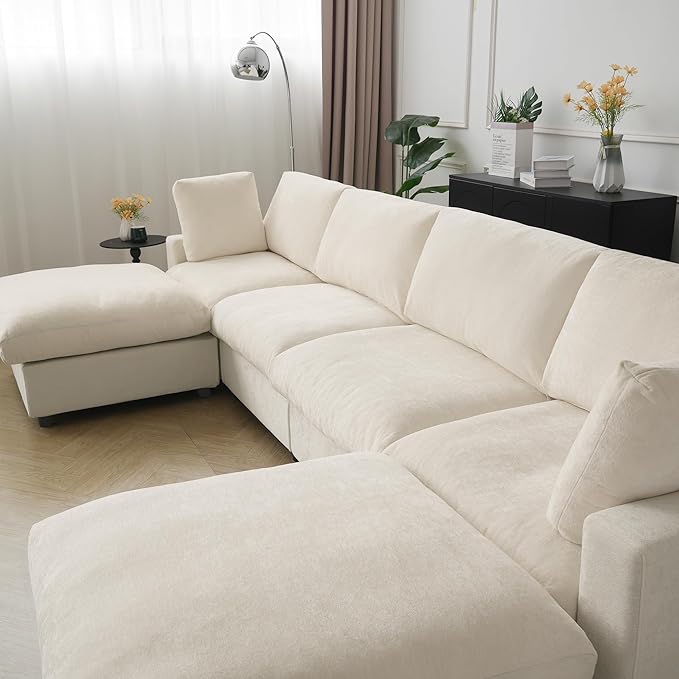 Cloud Sectional Couches for Living Room,134" Convertible L Shaped Couch with Ottoman, 6 Seater Modular Sectional Sofa,Deep Seater Furniture Sets