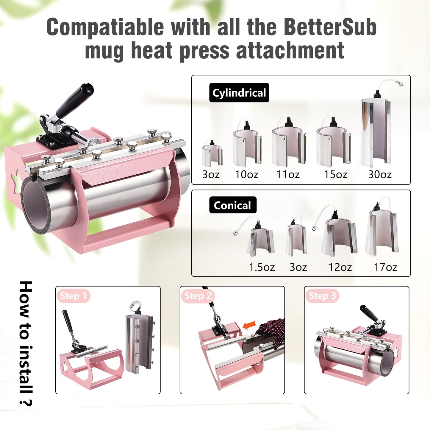 BetterSub 5 in 1 Heat Press Machine 12x15 inch, Industrial-Quality Sublimation Press with 30oz Tumbler Attachment & Curved Hat Plate, 360° Swivel Design for T-Shirts, Vinyl, DTF Film - Pink