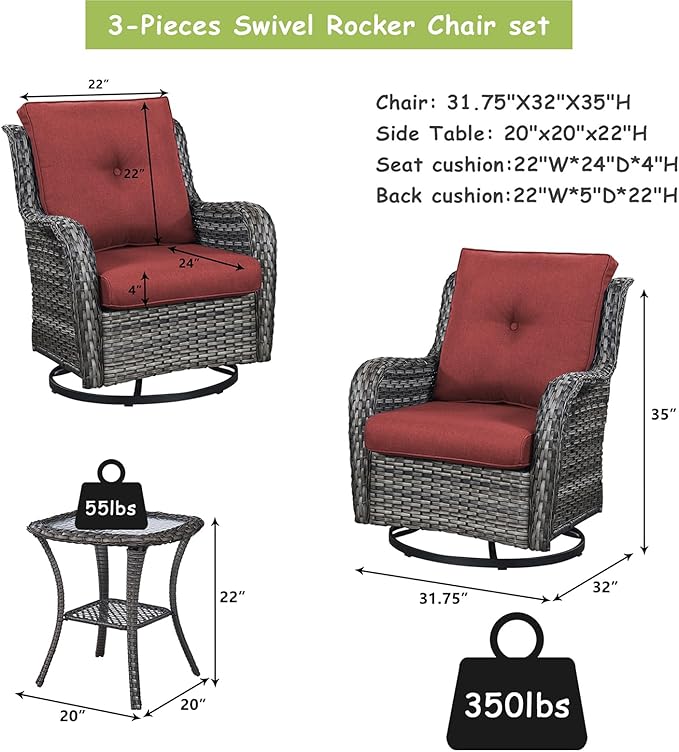 Rilyson Wicker Rocking Chair Swivel Chairs – 6 Piece Rocker Patio Furniture Set Rattan Rocking Bistro Sets with Glass Top Side Table for Outdoor Porch Deck Garden Backyard(Mixed Grey/Red)