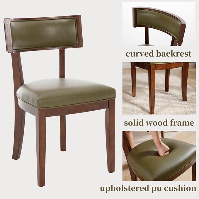 DM Furniture Mid Century Modern Dining Chairs Set of 4 Faux Leather Upholstered Dining Room Chairs with Curved Backrest Farmhouse Kitchen Chairs Solid Wood Side Chairs for Living Room/Restaurant