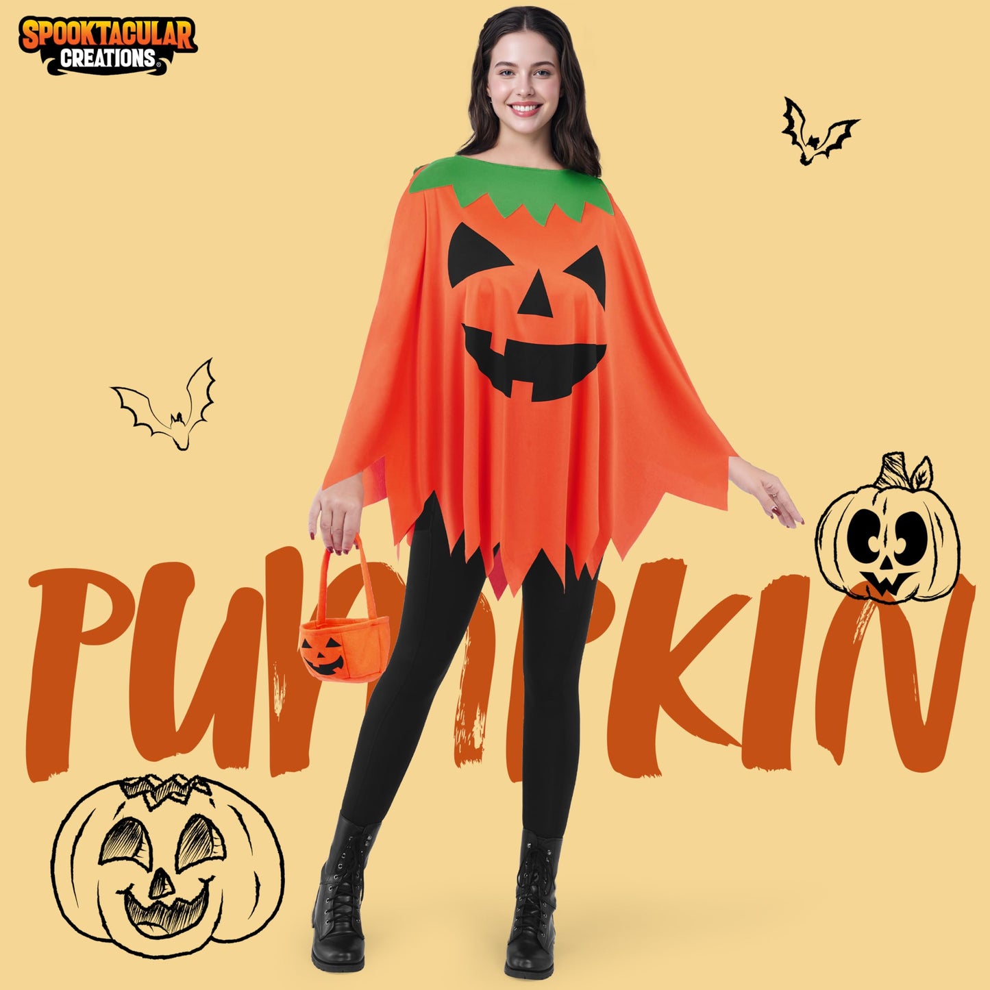 Spooktacular Creations Women Pumpkin Poncho Costume Adult, Pumpkin Costume Set, Halloween Costumes for Women Role Play