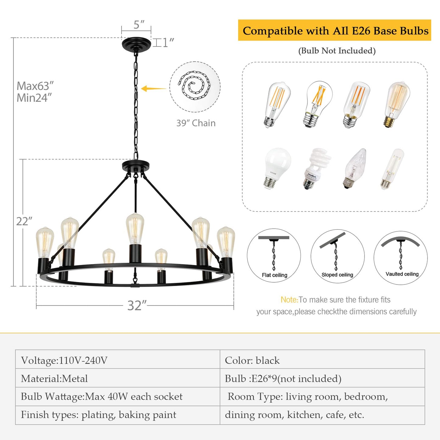 Senyshilon 9-Lights Farmhouse Chandelier | Dia 32'' Black Wagon Wheel Chandelier | Rustic Hanging Dining Room Light Fixture | Apply to Living Room | Kitchen Island | Entryway | Foyer