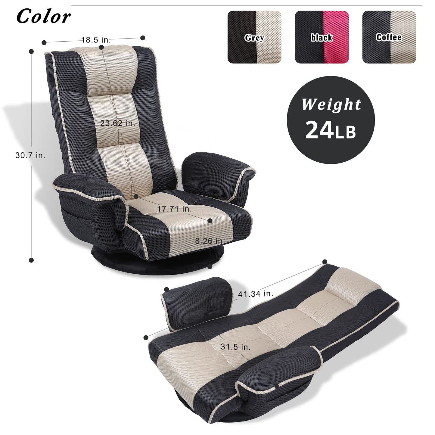 FLOGUOR 360 Swivel Gaming Floor Chair with Armrest Multi-Angle Folding Floor Chair Padded Backrest Lazy Sofa Lounge Chair for Living Room, Home Office QL201W-US-GR