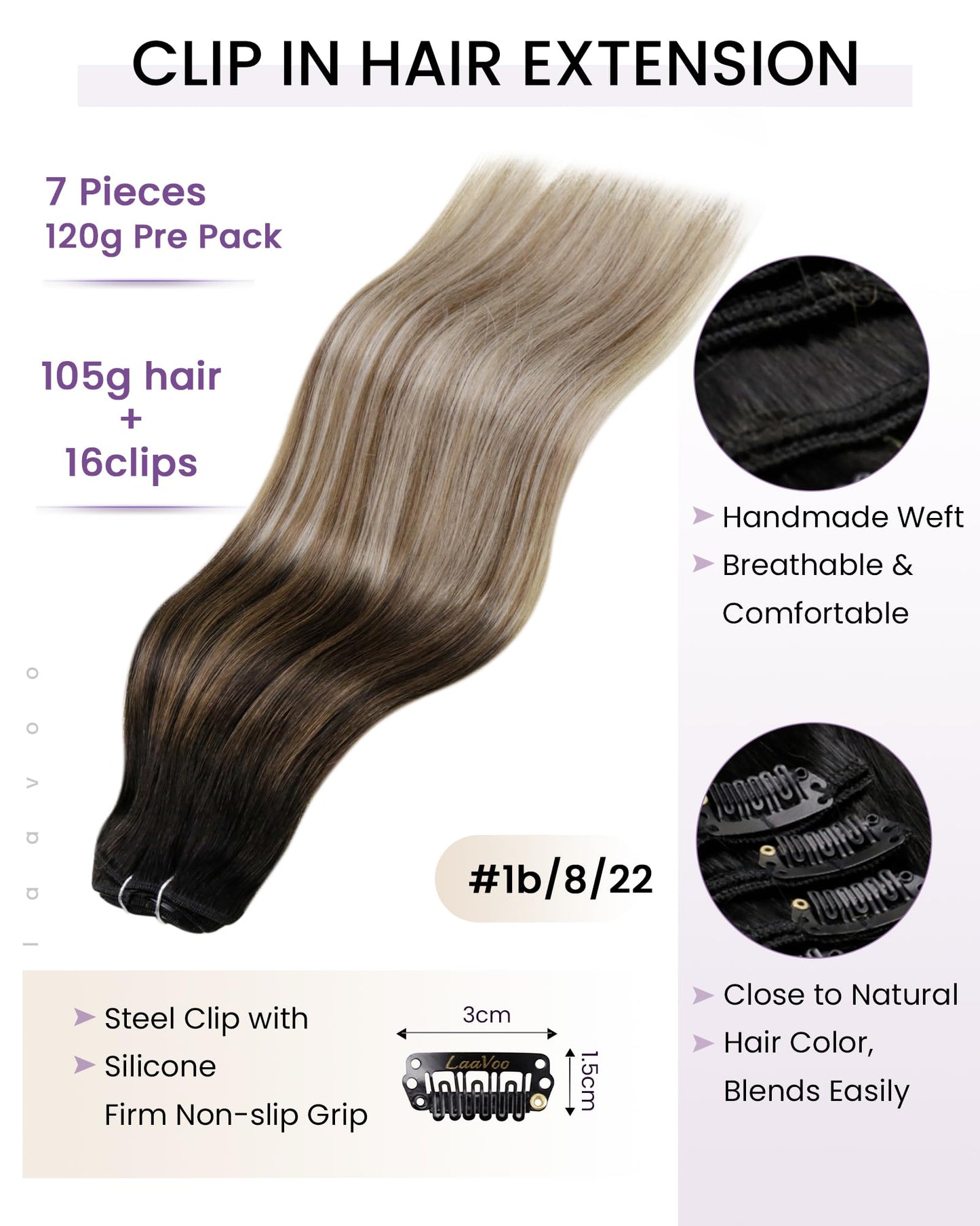 LaaVoo Clip in Hair Extensions 24 Inch Hair Extensions Clip ins Real Human Hair Ombre Black to Light Brown Balayage Blonde 140g
