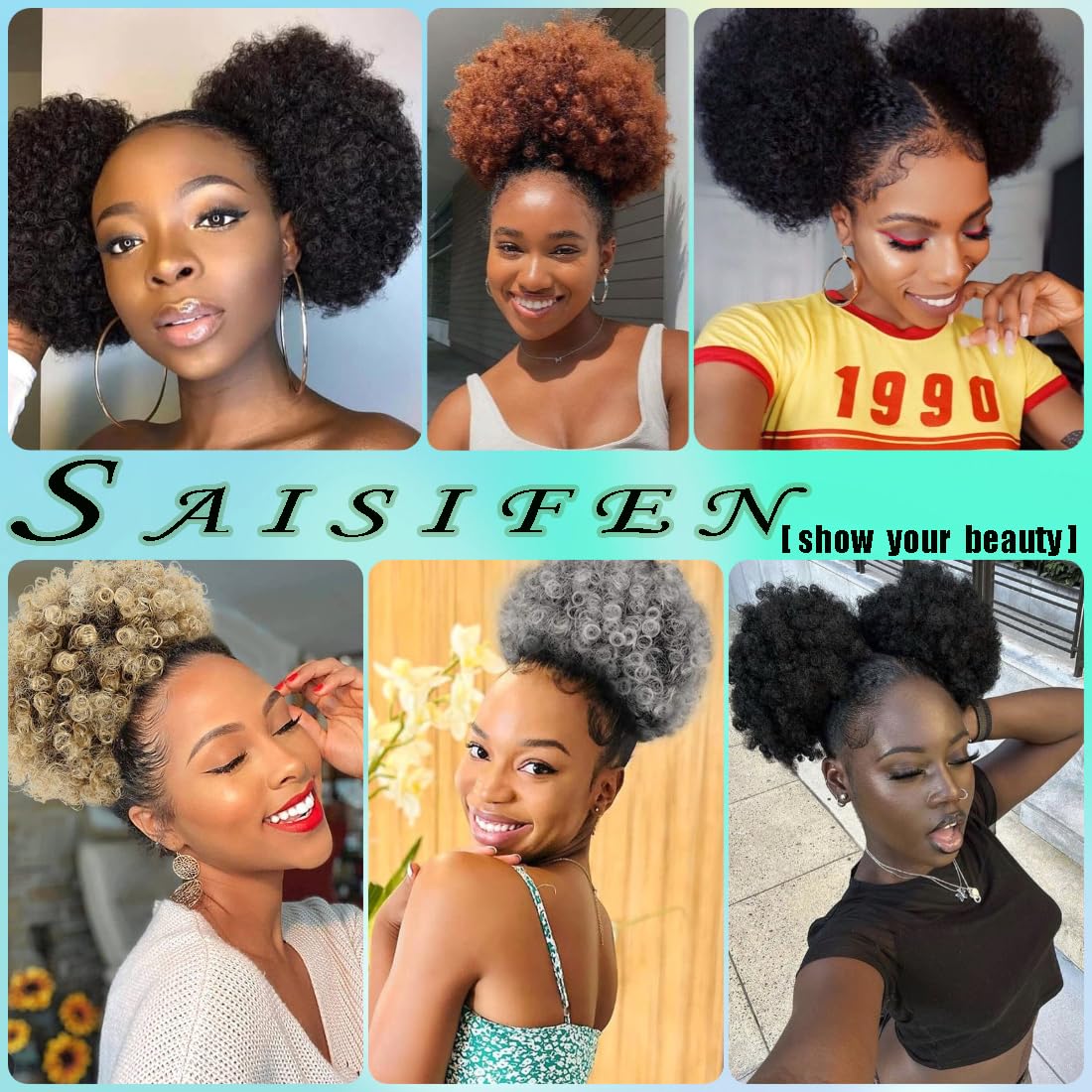 Saisifen Afro Puff Drawstring Ponytail with Clip on for Black Women Bun Afro Curly Hair Pieces with 10 pcs Hair Pins (Diameter 8