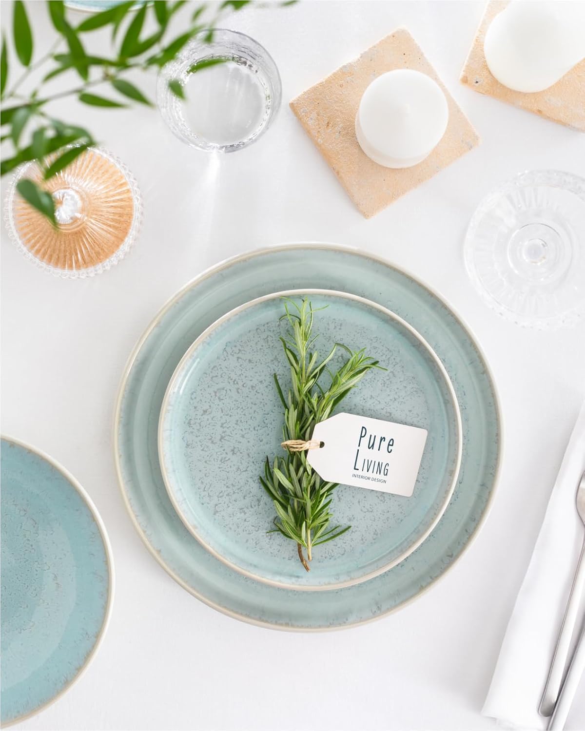 Stoneware dinnerware set 8 persons 32 pcs – Modern style plates and bowls set ceramic – Dishwasher safe and scratch resistant – Bowl and plate set – Dinner service Pure Living beige & blue