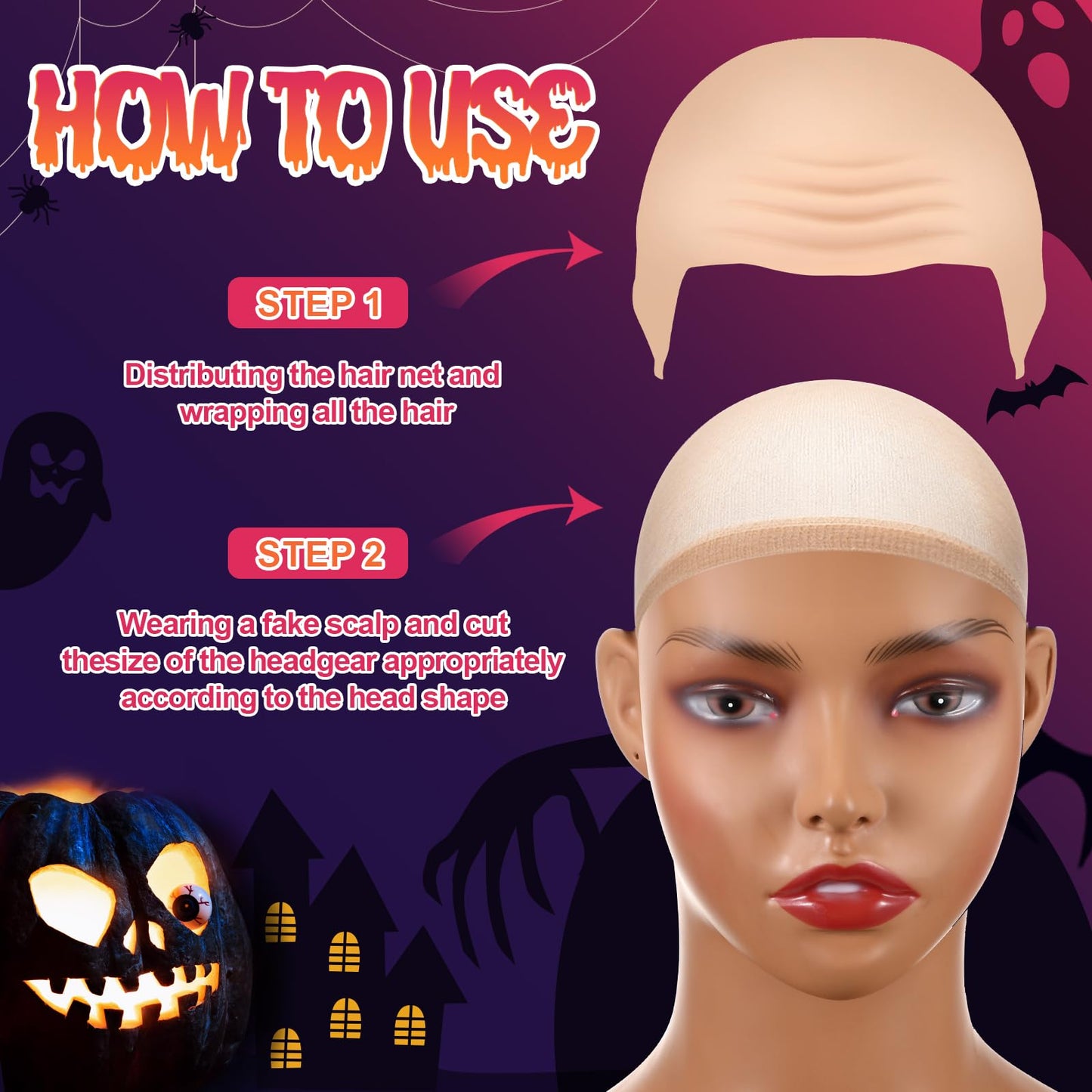 Syhood 4 Packs Halloween Bald Caps Makeup Latex Bald Head Wig Cap Bald Hat Costume Accessories for Women Men Adults(Dark Brown.nude,Large)
