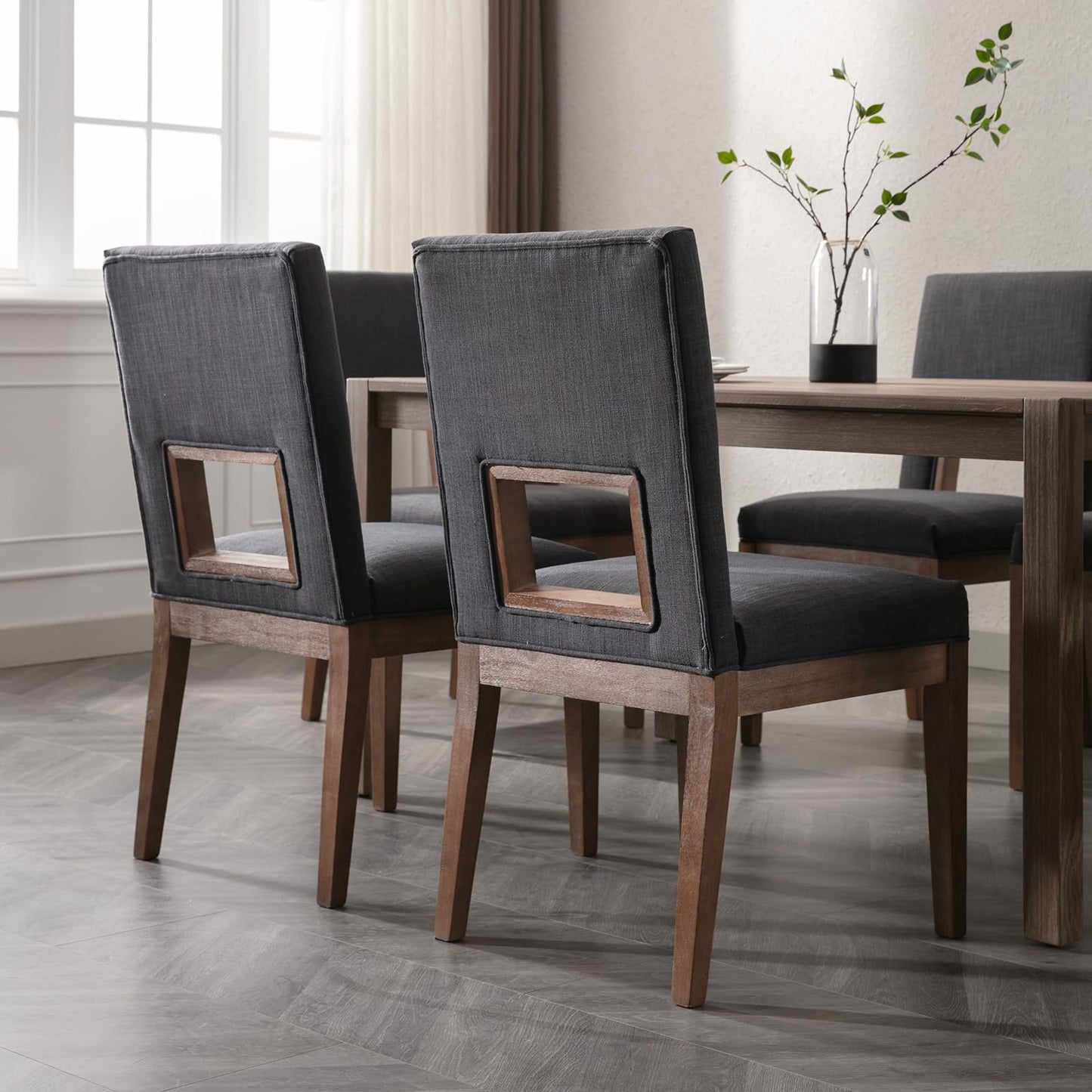 Janoray Farmhouse Dining Chairs Set of 2, Linen Upholstered Solid Wood Chair with Highback, Comfy Accent Side Chair for Kitchen & Dining Room/Living Room/Restaurant,Dark Grey