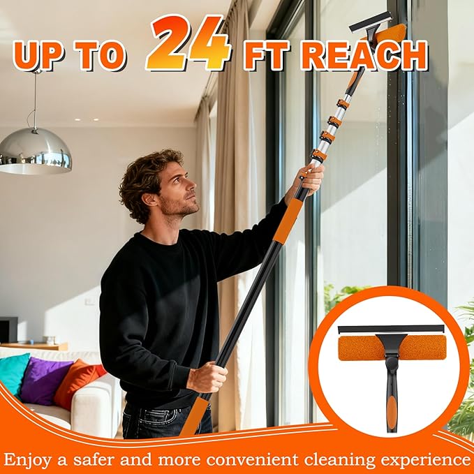 30FT Reach Window Squeegee with Extension Pole, 2-in-1 Professional Window Washing Kit for Home, Indoor Outdoor Squeegee with Rotatable Head for High Windows