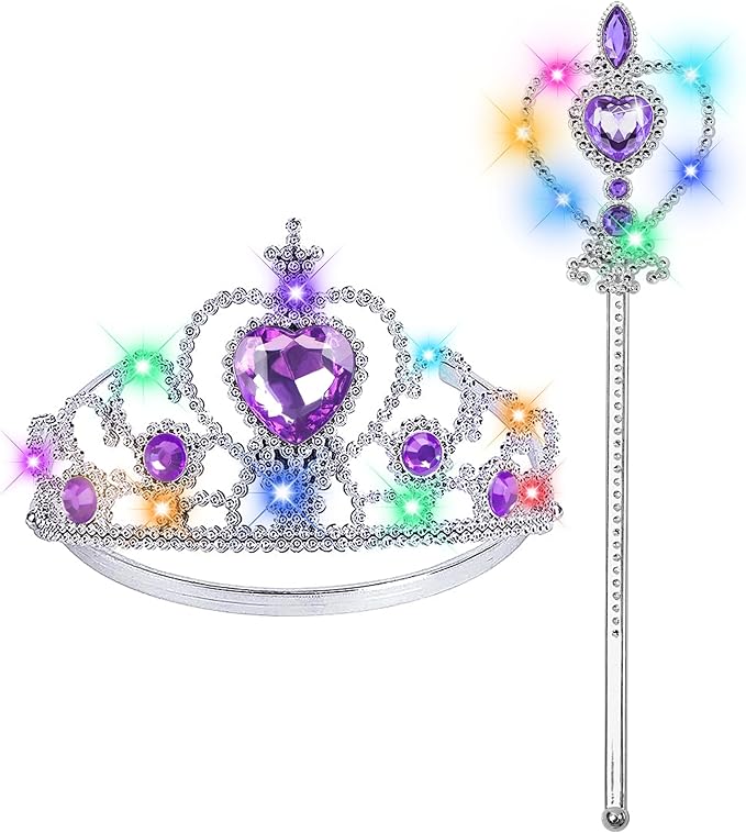 BIBUTY Princess Crown Tiara for Little Girls Princess Dress Up Accessories, Light Up Princess Tiara Wand Toys for 3-6 Girls
