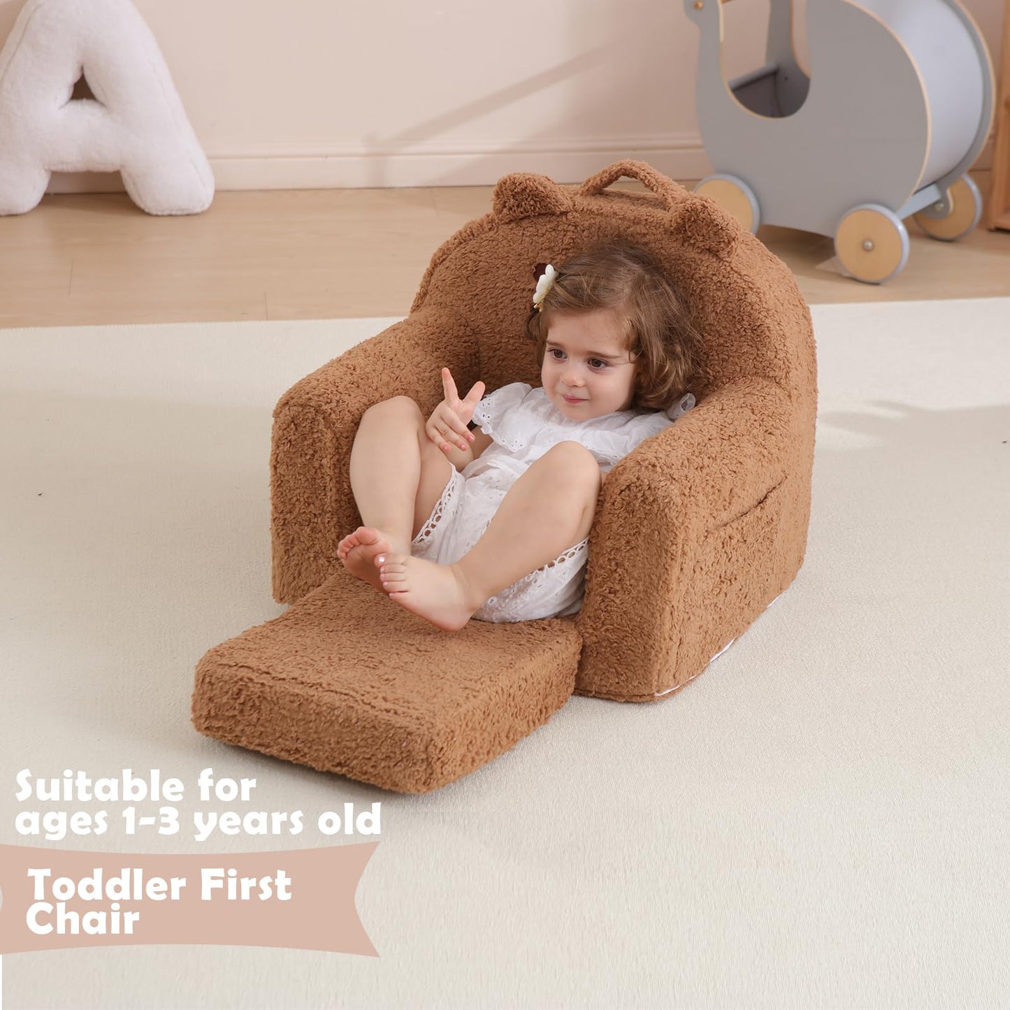 Kisdsa Toddler Chair,Sherpa Bear Kids Chair,Toddler Couch Fold Out,Children Reading Chair,Flip Out Kids Couch,Toddler Sofa Convertible for Age 1-3(Brown Bear)