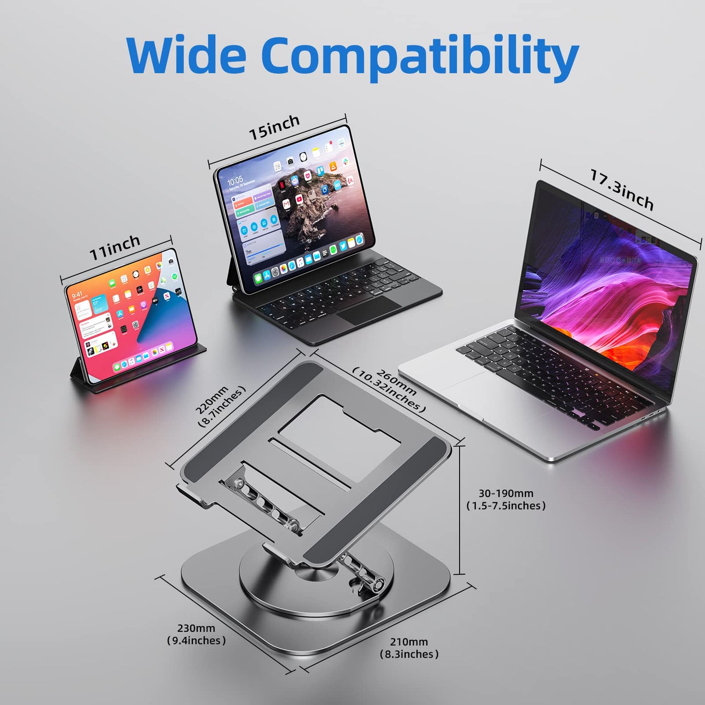 MCHOSE Laptop Stand for Desk, Ergonomic Laptop Riser with 360° Rotating Base, Aluminum Laptop Stand, Adjustable Foldable Laptop Holder Compatible with MacBook Air Pro, Dell XPS, 10-17" Laptops, Grey