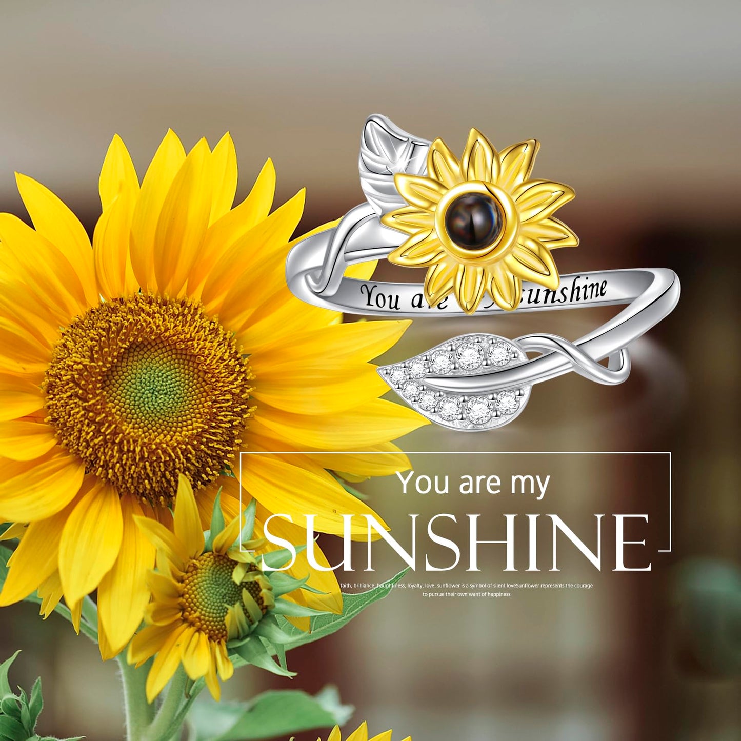 DAOCHONG Sterling Silver You are My Sunshine Sunflower CZ Ring 100 Languages I Love You Stone Ring 6
