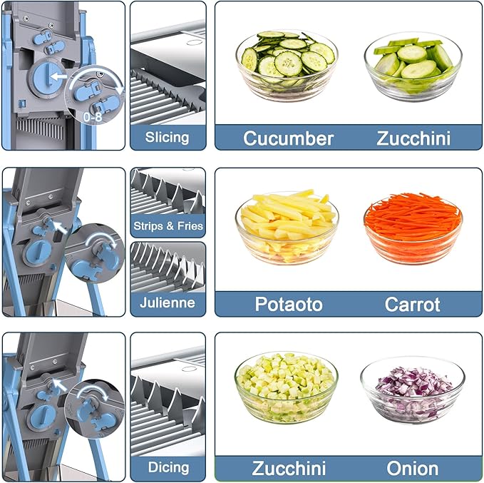 All-in-1 Safe Mandoline Slicer for Kitchen, Vegetable Chopper with Adjustable Thickness, Multifunctional Veggie Chopper Vegetable Cutter Slicer Dicer, can Slice, Shred (Blue)