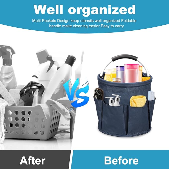 17L Cleaning Caddy with Handle,Foldable Tool Storage Basket,Garden Tool Organizer with 6 Pockets,Portable Cleaning Bucket Organiser for Storing Towels,Home Storage (Navy Blue)
