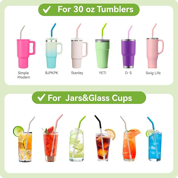 Metal Straw Reusable for Stanley 30 OZ Tumbler, 2 Pcs Long Stainless Steel Drinking Straws with Silicone Tip for STANLEY Quencher 30 oz Cups, 1 Straw Brush, BPA Free Dishwasher Safe(Sky Blue)