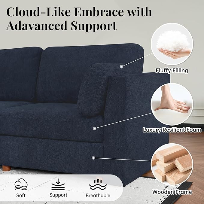 CUGOAO 117.7'' Modular Sectional Sofa, Oversized L-Shaped Sectional Couch, Deep Seat Chenille Cloud Couch, Removable Cover, Mordern Upholstered Couches for Living Room, Apartment, Office, Blue