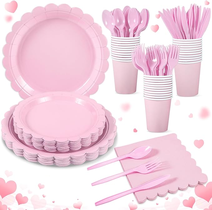 Xiangqu 175 Pcs Party Plates and Cups and Napkins Sets, 9" Pink Valentines Paper Plates, 7" Dessert Plate, 9oz Cups & Cutl...