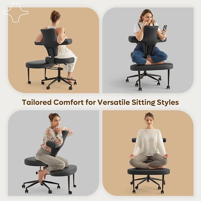Ergonomic Cross Legged Office Chair Extra Wide for ADHD and Meditation, Kneeling Chair with 360° Swivel Wheels and Reversible Seating, Adjustable Height and Seat Deapth, PU Leather, Black
