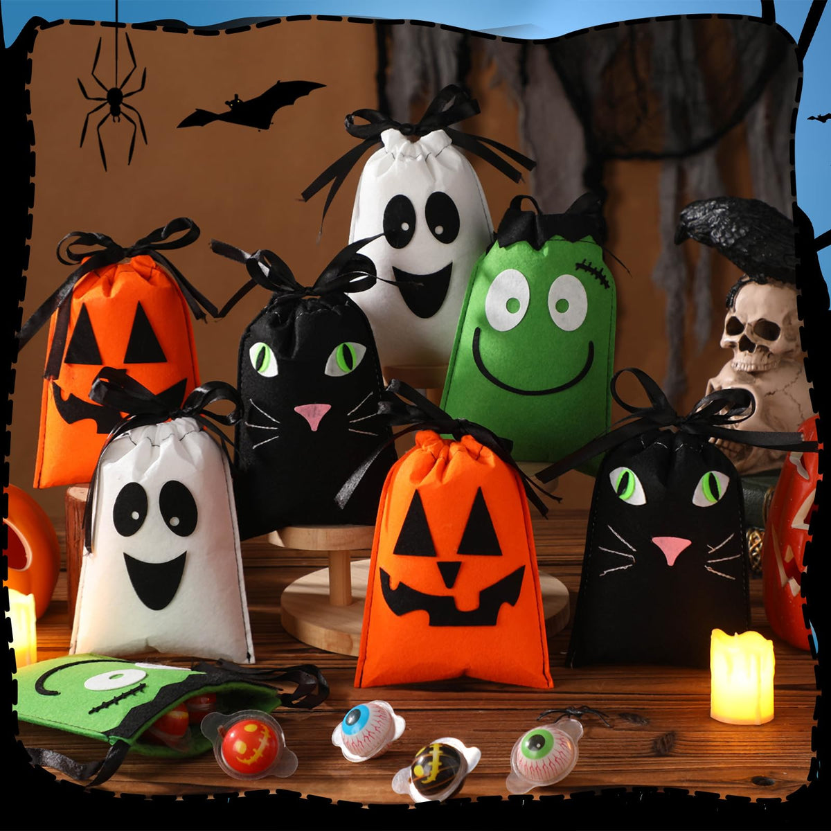 Sweetude 24 Pcs Halloween Felt Treat Bags 5 x 7'' Handmade Pumpkin Ghost Candy Goodie Gift Bags with Drawstrings Trick or Treat Halloween Party Favors Supplies