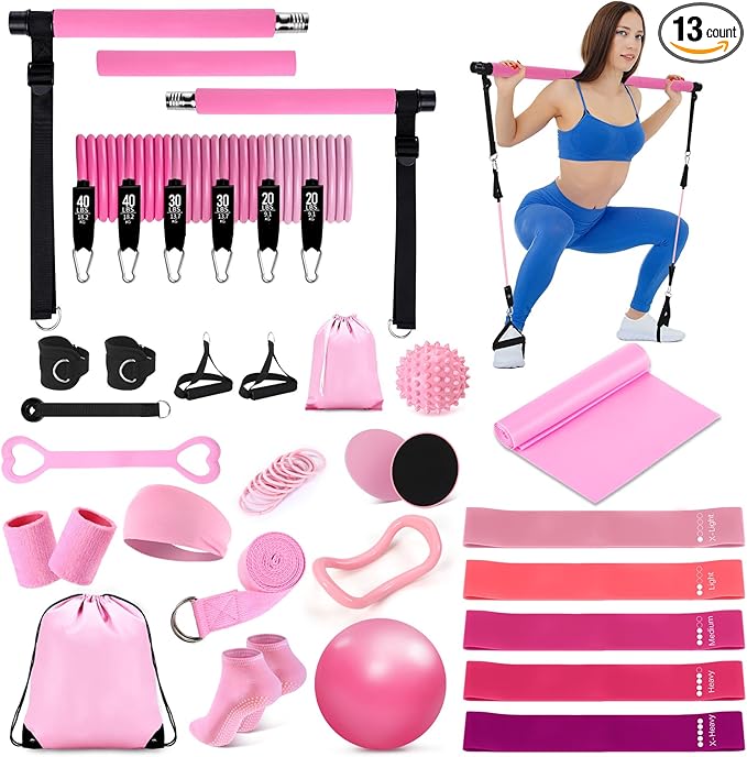 LaRandom Pilates Bar Kit with Resistance Bands Multifunctional Pilates Bar with Metal Adjustment Buckle Portable Storage B...