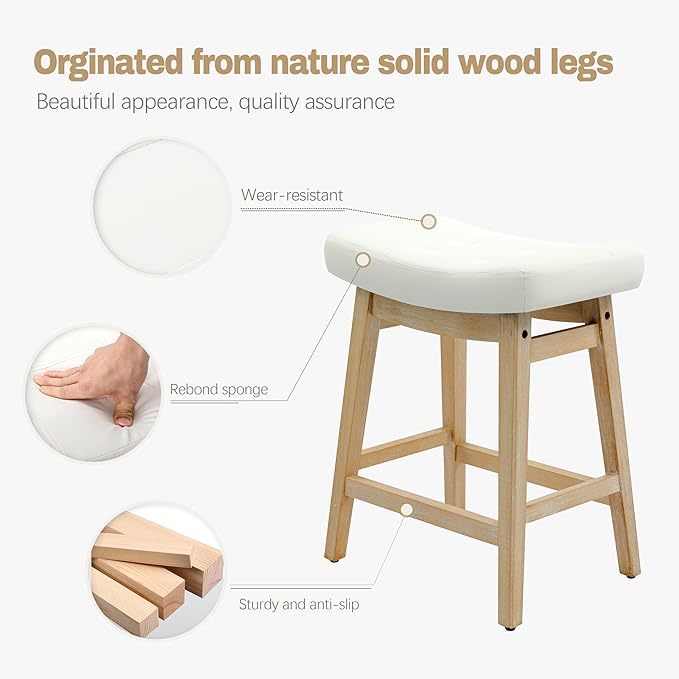 RNKSFX Counter Height Bar Stools Set of 3 for Kitchen Counter Backless Farmhouse Kitchen Island Barstools with Upholstered Faux Leather Saddle Seat and Solid Wood Legs Modern 24 inch Bar Chairs, White