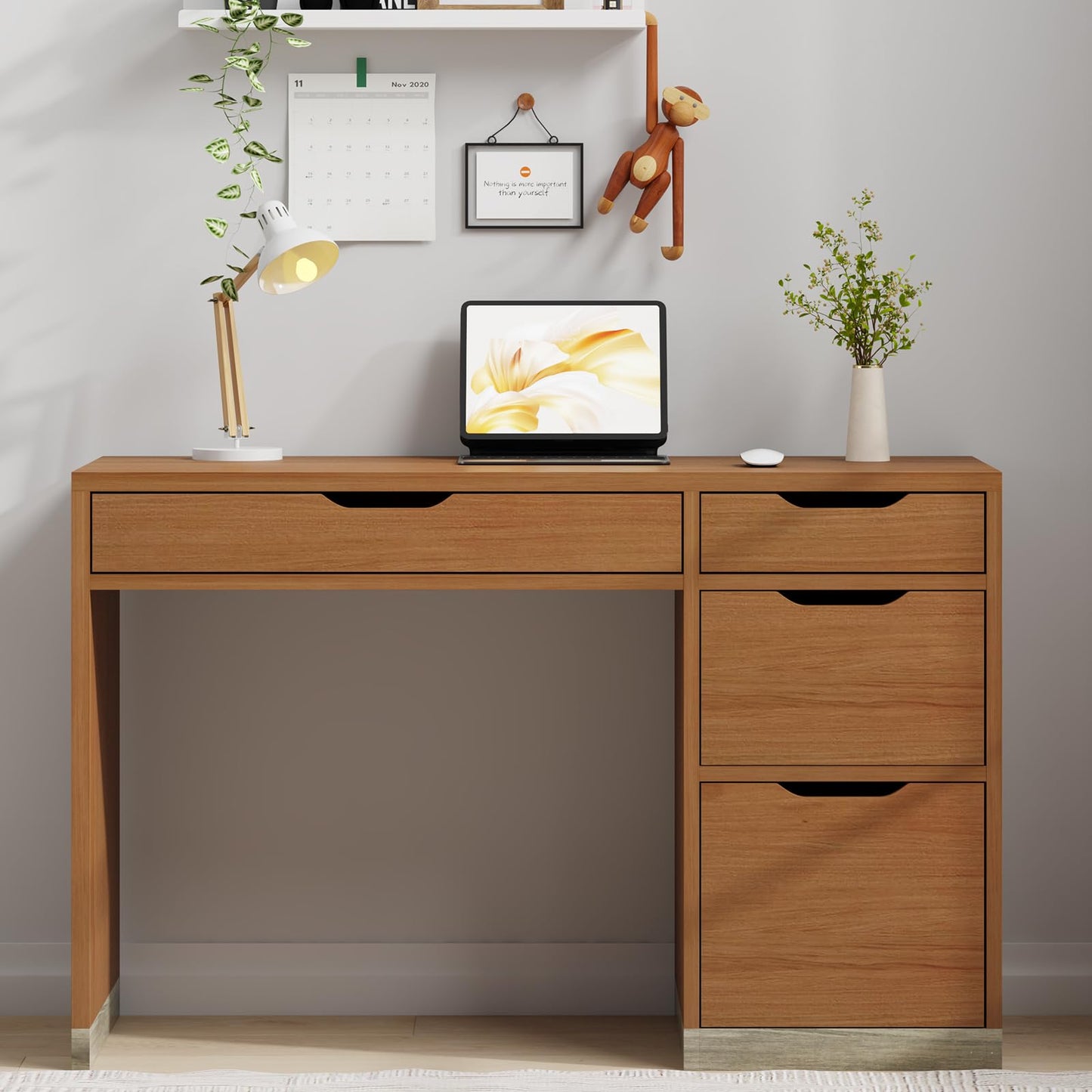 MaverickFurni 48 Inch Small Desk with 4 Drawers, Computer Desk with Storage File Cabinet for Bedroom, Home Office Desk with Storage for Small Space, Brown