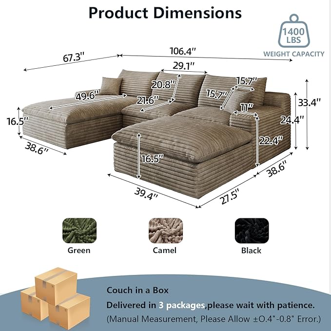 107" Cloud Sectional Couch U-Shaped Chaise with Ottoman, Corduroy Boneless Couch for Living Room Bedroom, Deep-Seat Upholstered Modular Cloud Sofa, No Assembly Required (Camel, Left Facing Chaise)