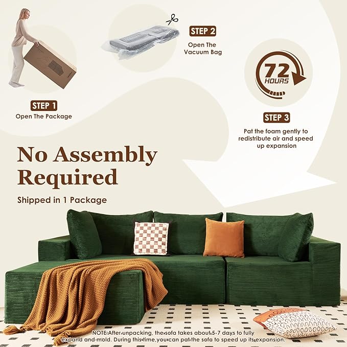 INGEROOM 108" Cloud Sectional Couch with L-Shape Chaise, Modular Sofa Memory Foam, Boneless Sofa with Movable Ottoman, Plush Corduroy Memory Foam Couch for Living Room, No Assembly, Forest Green